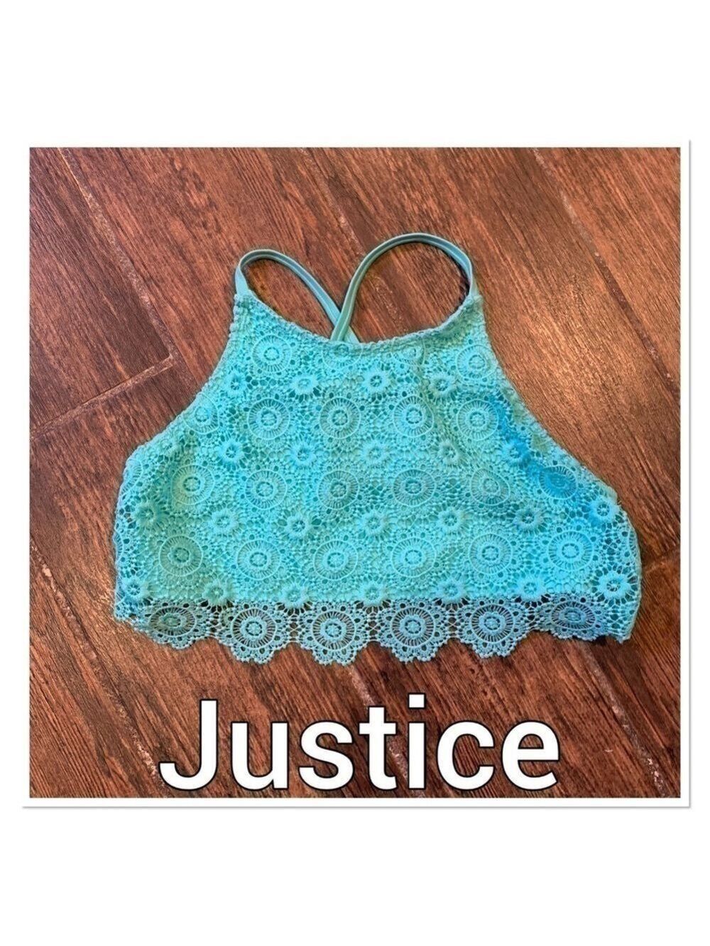 JUSTICE Teal Crochet Bikini Top size 16